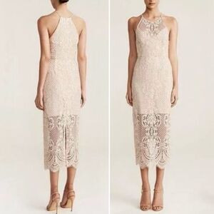 Shona Joy Lace High Neck Midi Dress Beige Nude Size 6 Lined Scalloped Hem Bridal